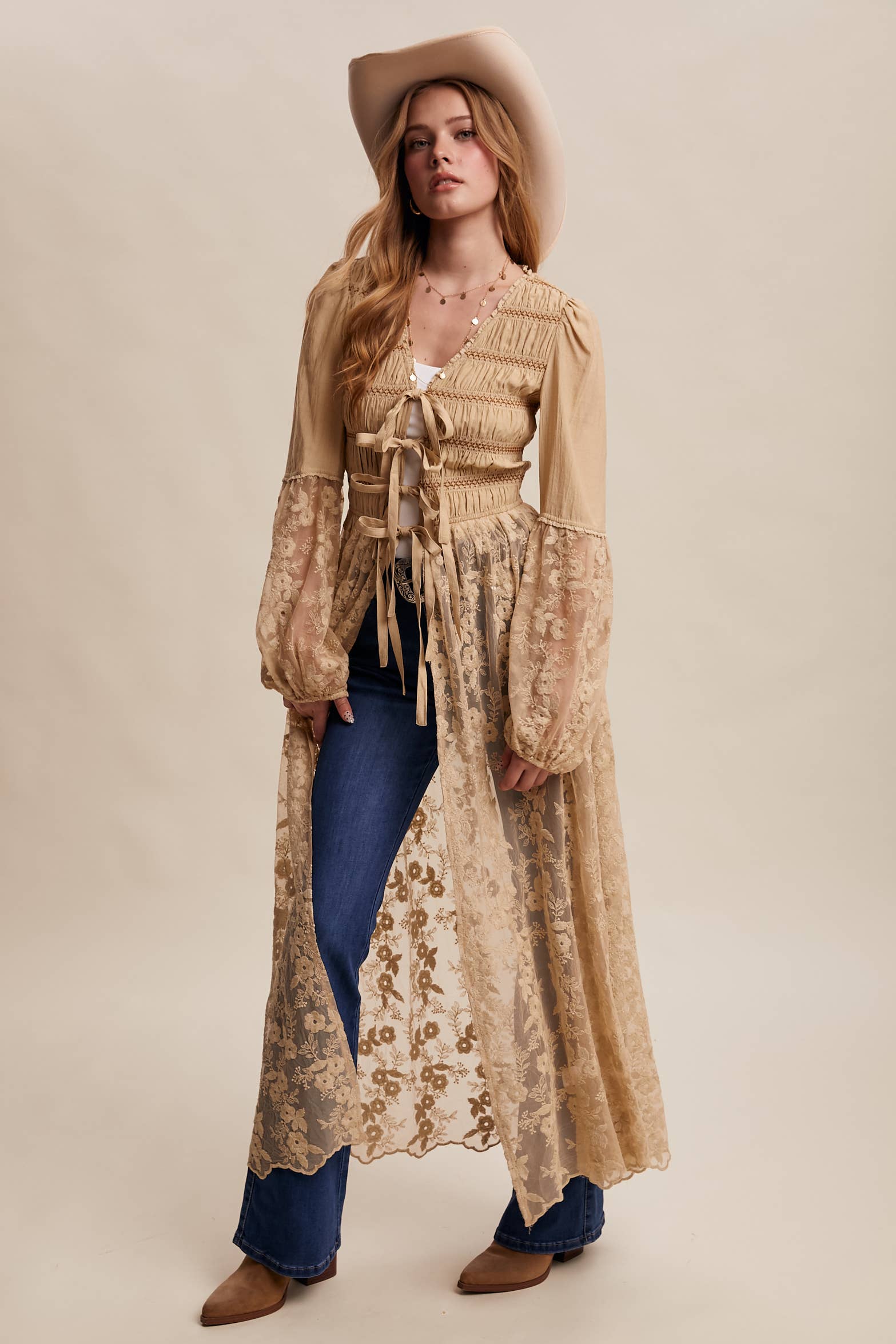 Listicle - Wholesale Kimono - Women's - Lace-Up Embroidered Maxi Kimono LJ02614