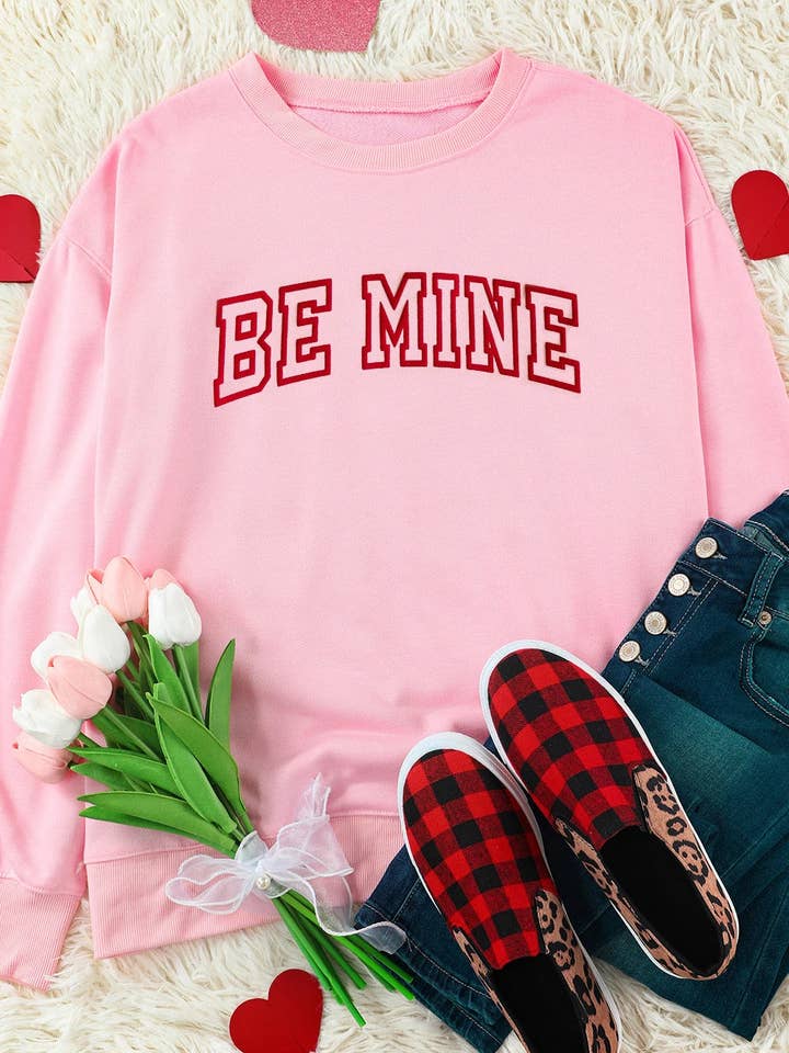 Pink BE MINE Puff Graphic Pullover Sweatshirt for wholesale on Faire1