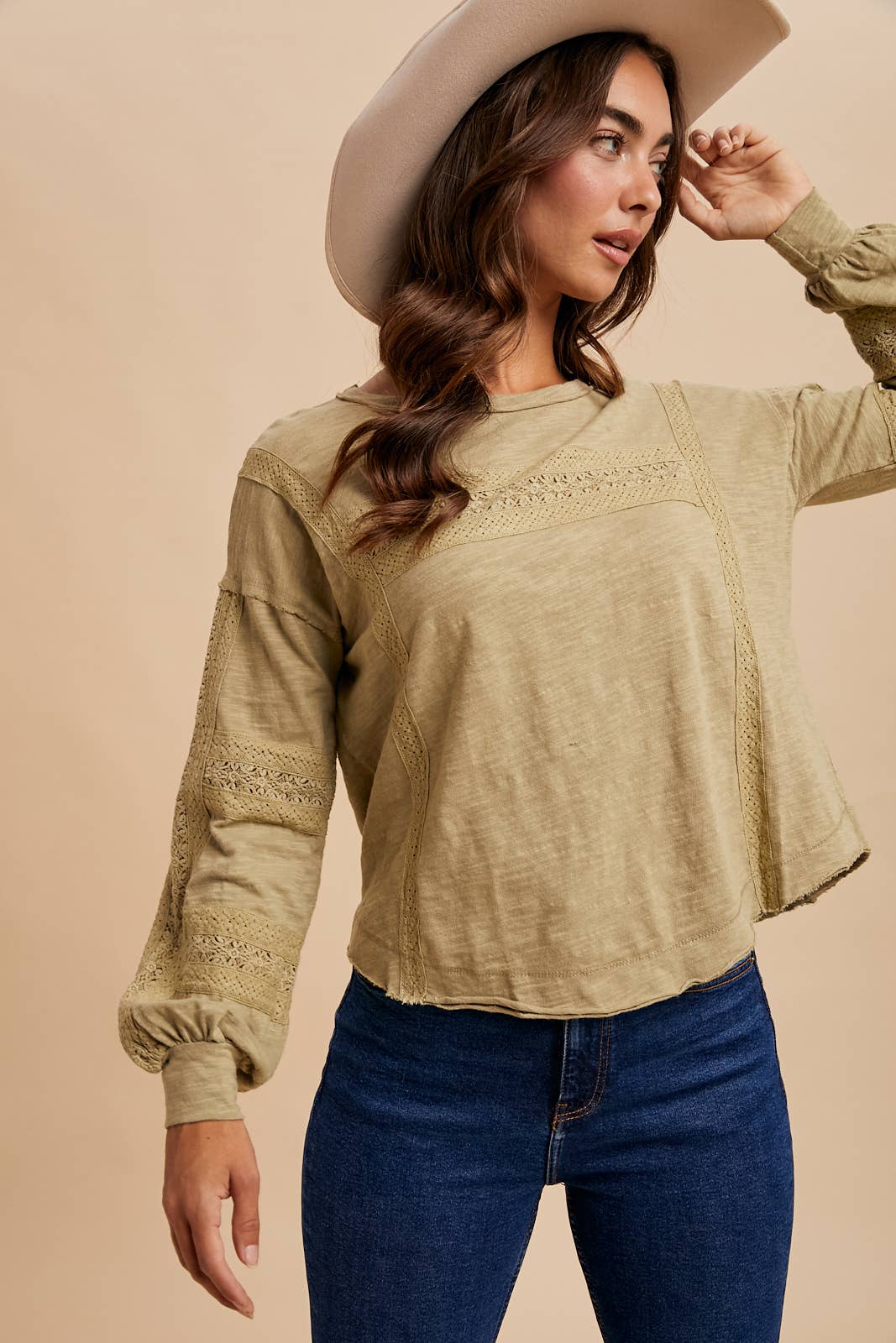 In Loom - Wholesale Blouse - Women's - GARMENT WASHED LACE INSET LONG SLEEVE TOP0