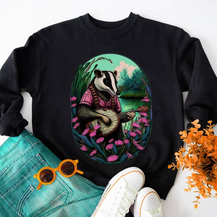 Vivtrek - Wholesale Graphic Sweatshirt - Unisex - Badger Playing Banjo Cottagecore Musician Sweatshirt