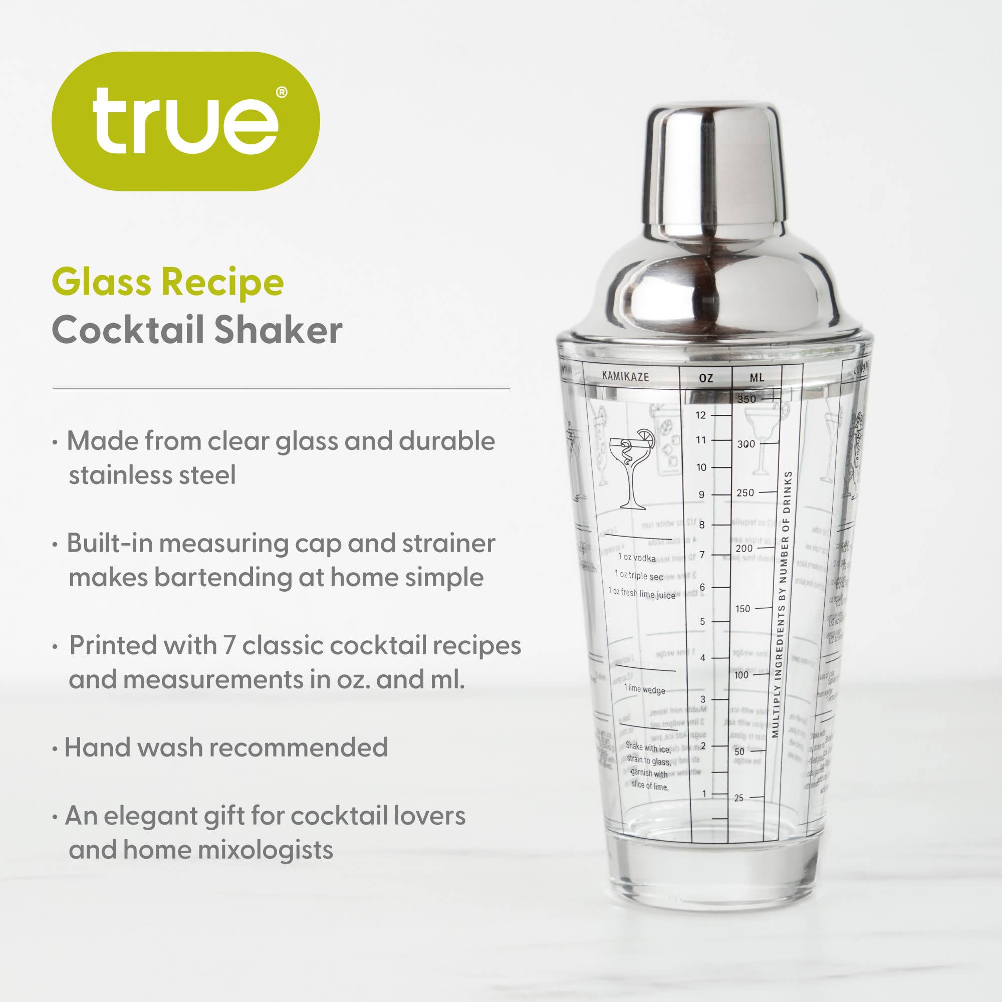 TRUE - Wholesale Cocktail Shaker - 7 Cocktail Recipe Stainless Steel and Glass Shaker 13.5 oz4
