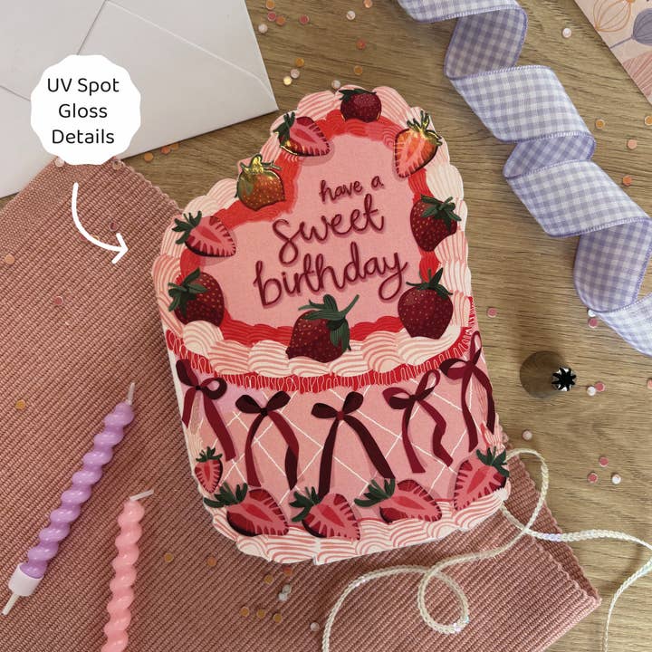 Two For Joy Illustration - Wholesale Birthday Card - Sweet Birthday - Strawberry Birthday Cake Shaped Card1