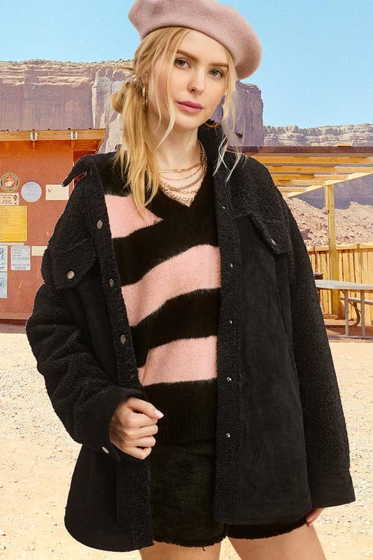 La Miel - Vente Veste – femme - JKT1790 - Veste boutonnée surdimensionnée en faux daim avec poches8