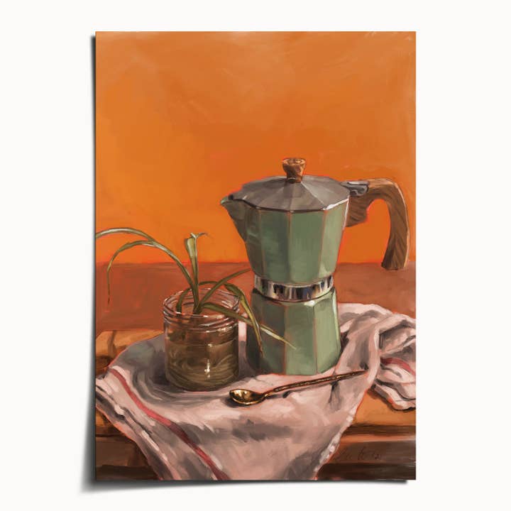 The Ugly Cat Studio - Wholesale Art Print - Moka Pot and Spider Plant Still Life Fine Art Poster Print