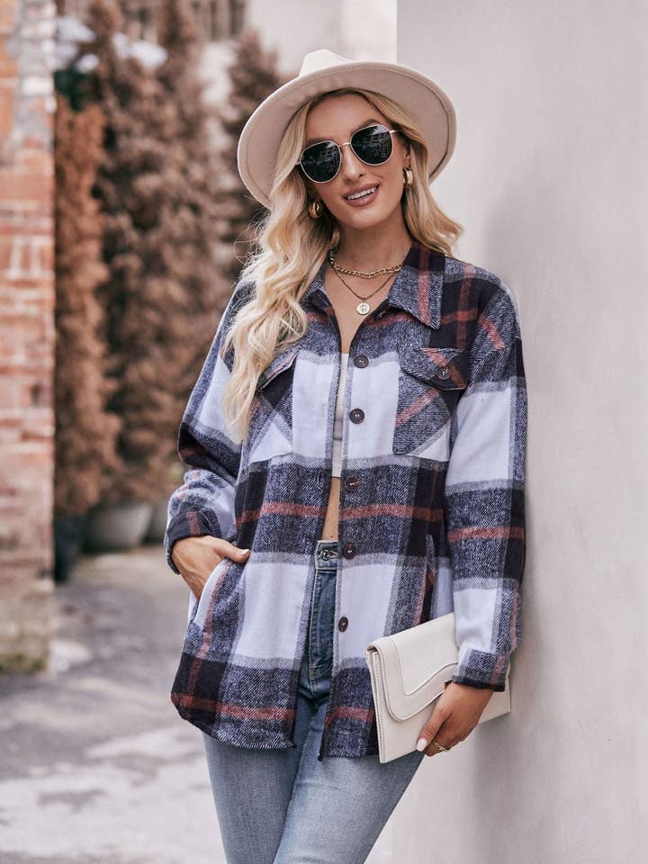 Lovesoft - Wholesale Shirt Jacket/Shacket - Women's - Women's Plaid Jacket Casual Loose Pocket Shirt