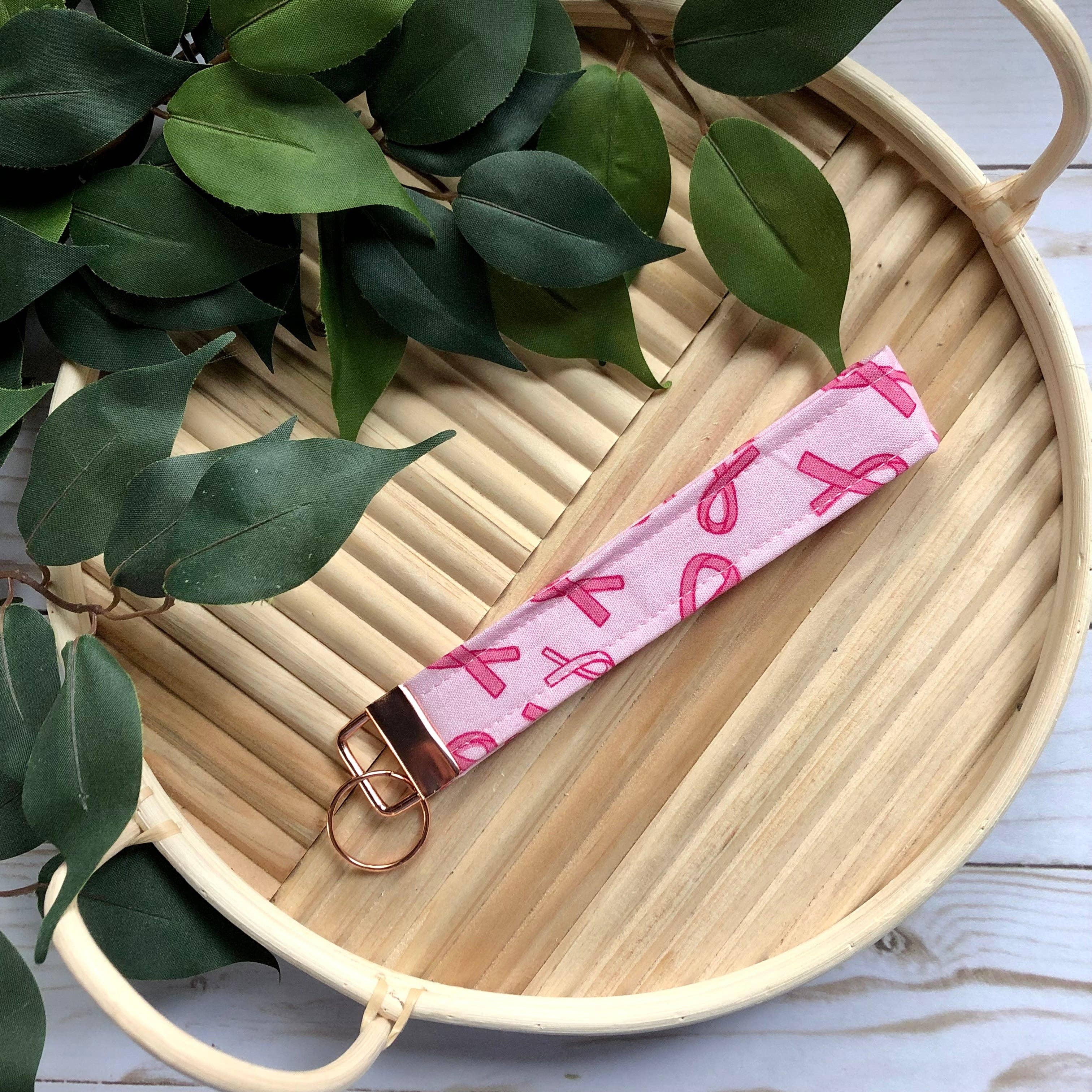 MDStickerShop - Wholesale Keychain - Women's - Pink Breast Cancer Ribbon Print Fabric Wristlet Keychain, Key Fob0