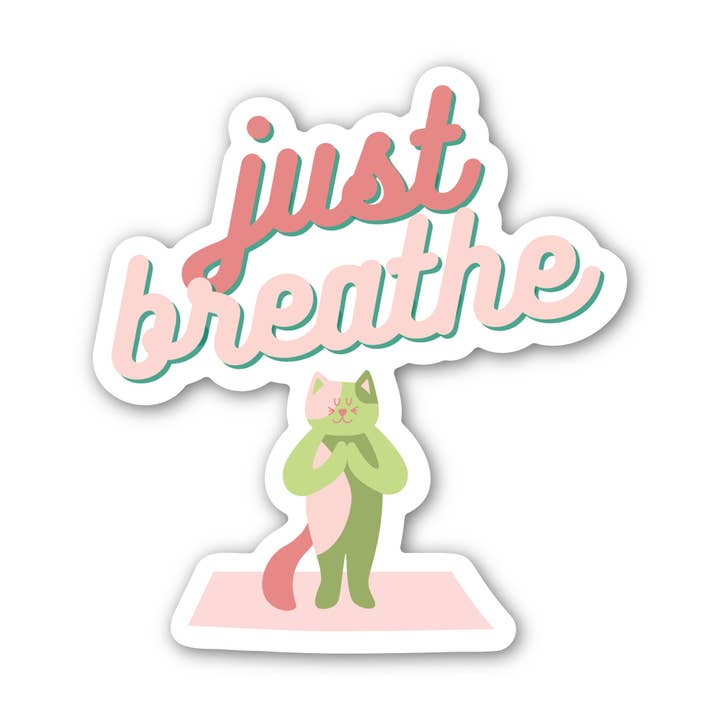 "just breathe' Cat Yoga Funny Cat Sticker 3" Vinyl for wholesale by Angi Bock Robertson Art