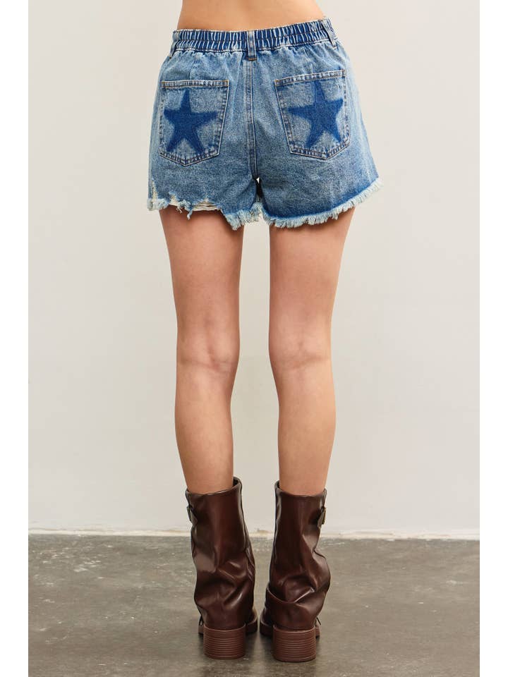 BACK POCKET STAR SHADOW PATCH DENIM SHORTS for wholesale on Faire3
