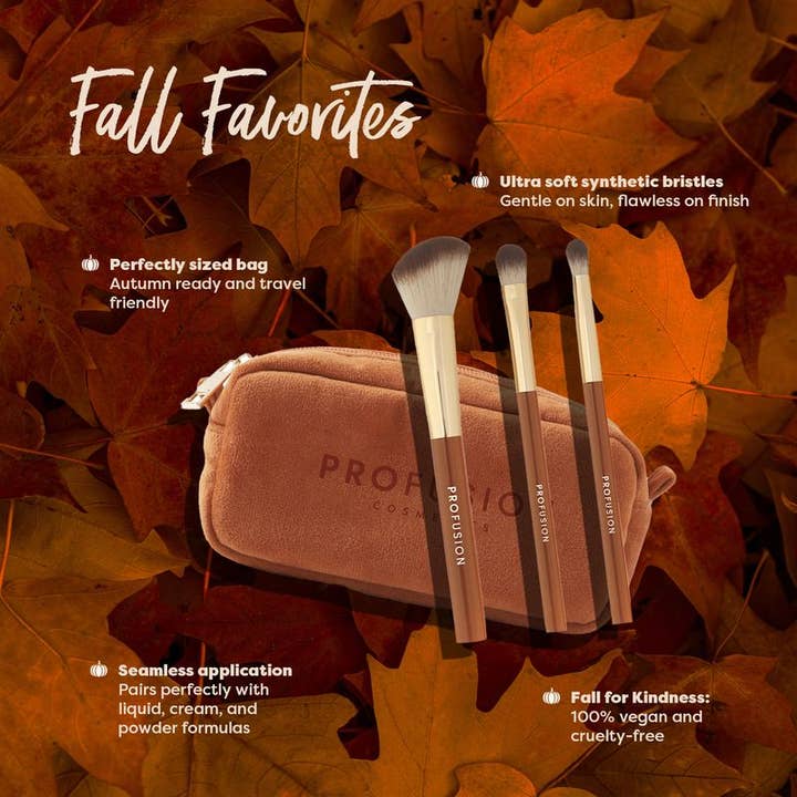 Profusion Cosmetics - Wholesale Makeup Brush Set - Pumpkin Spice|Cinnamon Sticks 3PC Face & Eye Brush & Bag Set1