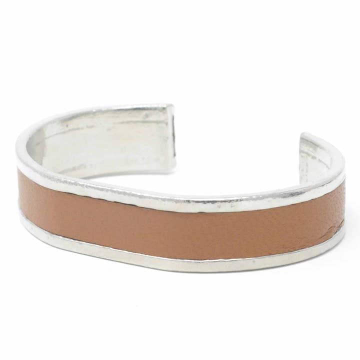 15 Mm Straight End Bangle With Leather Inlay Tan for wholesale by Sobo & Co Jewellery