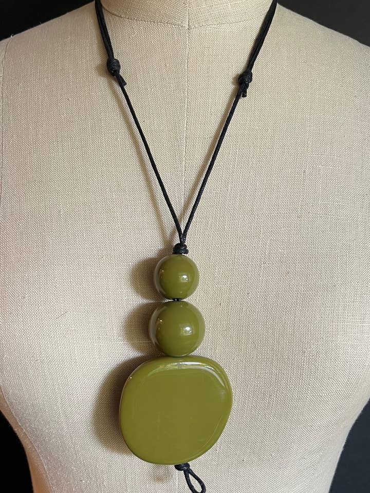WISDOM: Classic Beaded Necklace Pendant in Olive Green Hues for wholesale by Alter Ego Designs