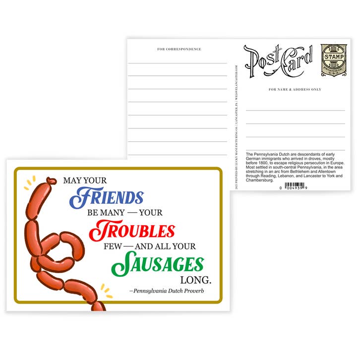 Pennsylvania Dutch Sausage Proverb Postcard for wholesale by Lucky Mfg. Co.