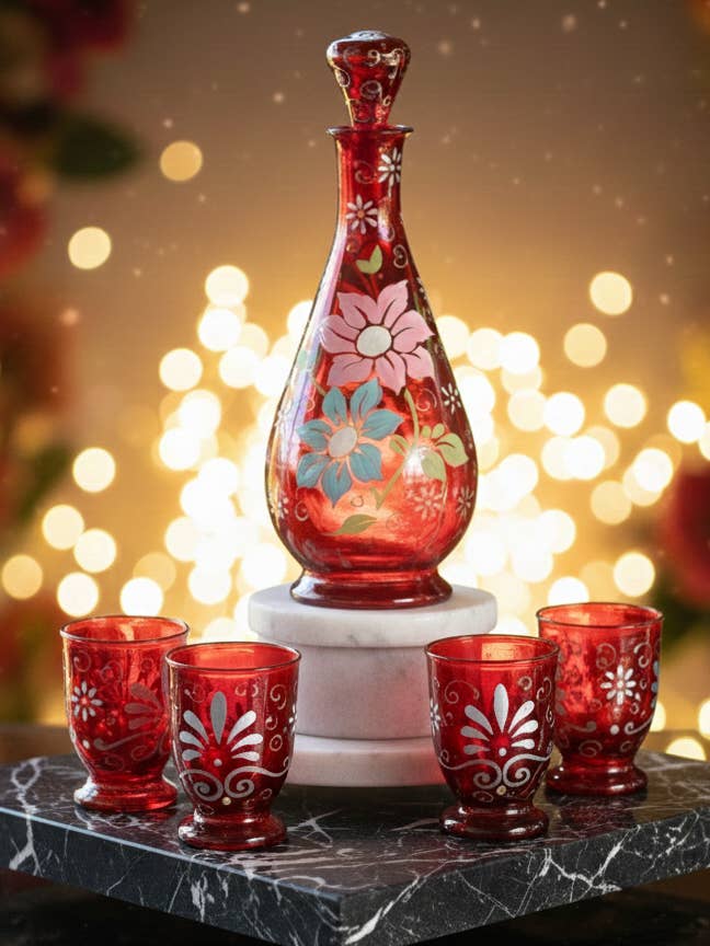 Set à boire en verre artisanal égyptien unique en son genre, design The Othman, peint à la main (7 pièces) pour la vente par Arabazaar Gallery LLC