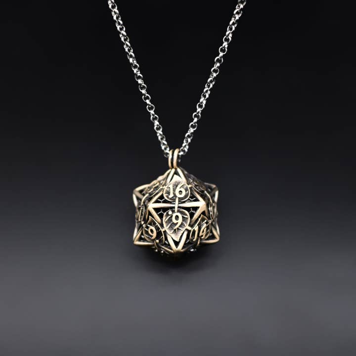 Tabletop Dominion Limited – wholesale Pendant/charm necklace – Leaflock | Ancient Gold D20 Pendant Necklace with Mini Metal Dice