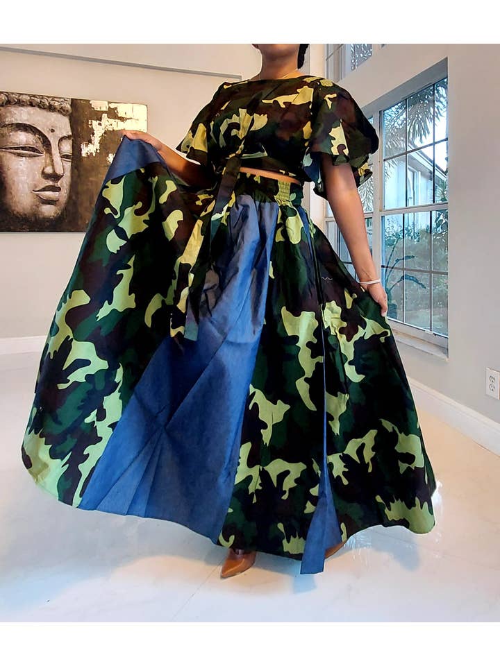 Set Woman's Long Skirt & Crop Top Set- Denim/Camouflage for wholesale on Faire