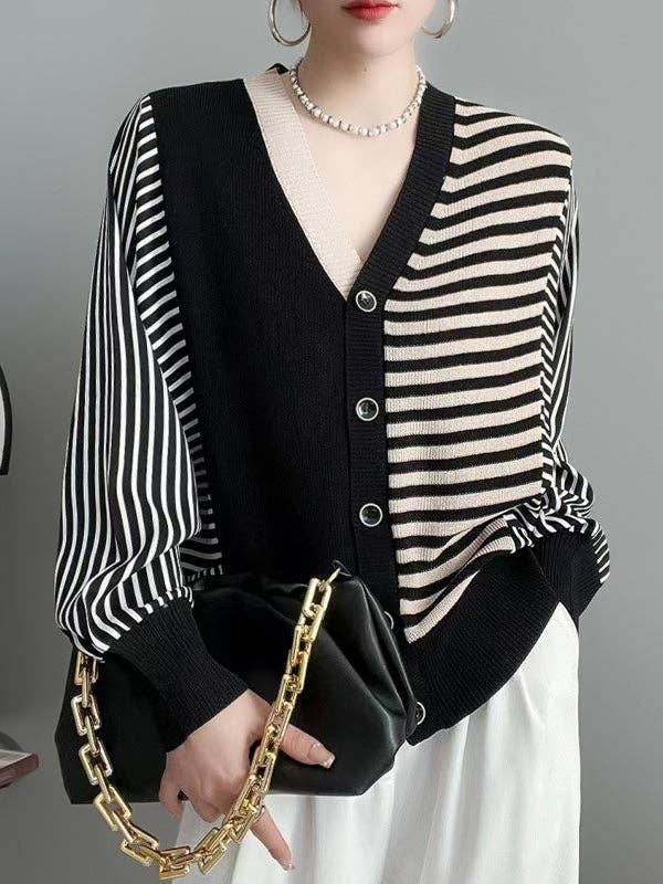 StyleGalX - Wholesale Cardigan - Women's - Long Sleeves Loose Buttoned Contrast Color Split-Joint Striped V-Neck Cardigan Tops Knitwear4