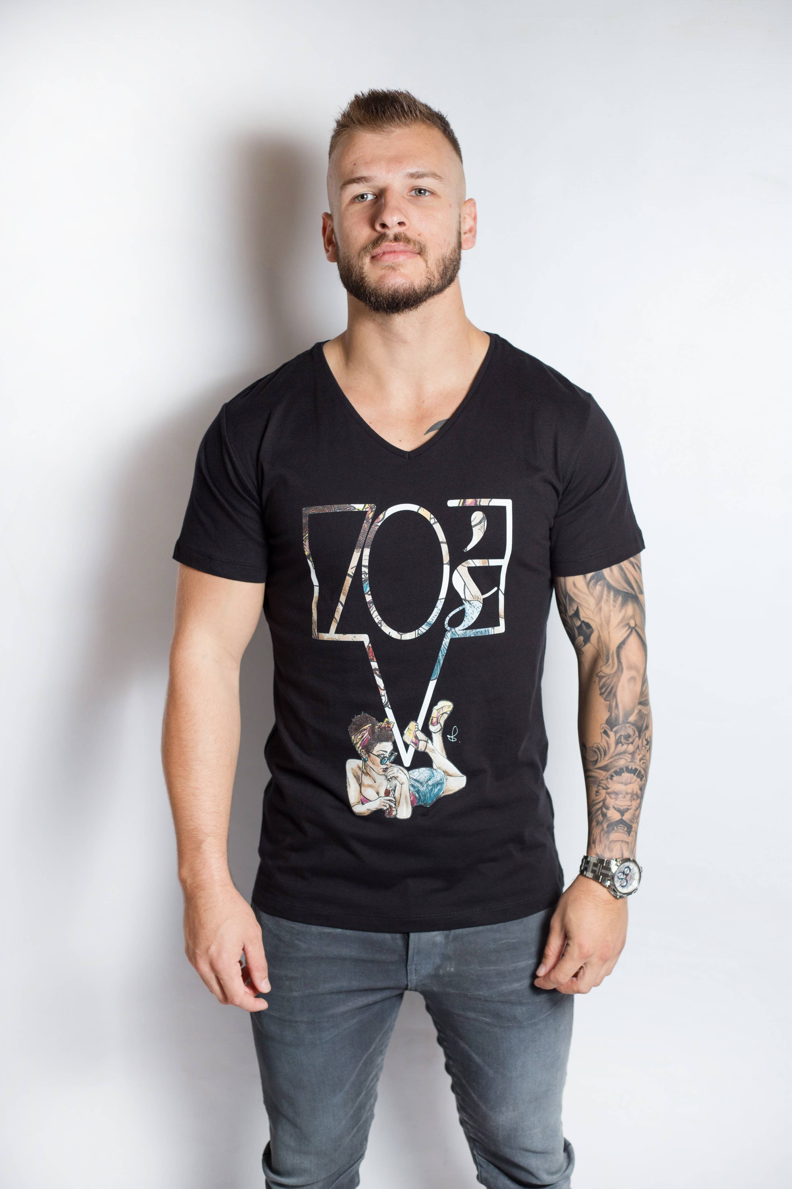 KY-KAS - Wholesale Screen Printed T-Shirt - Men's - Men's black organic cotton V-neck t-shirt with ky-kas logo