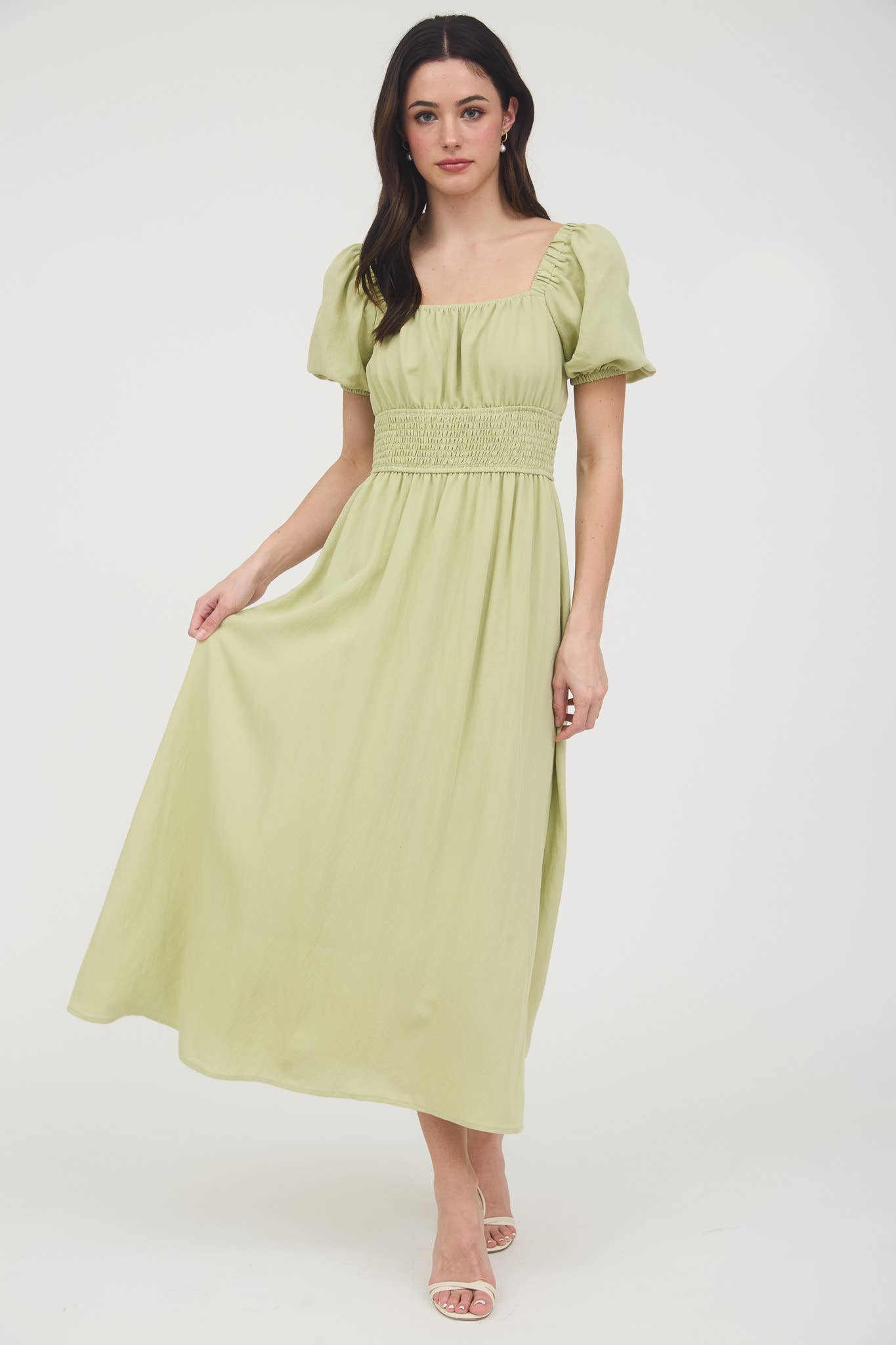 MINE – wholesale Dress – Women's – SOLID SMOCKED WAIST BALLOON SLEEVE MIDI DRESS29