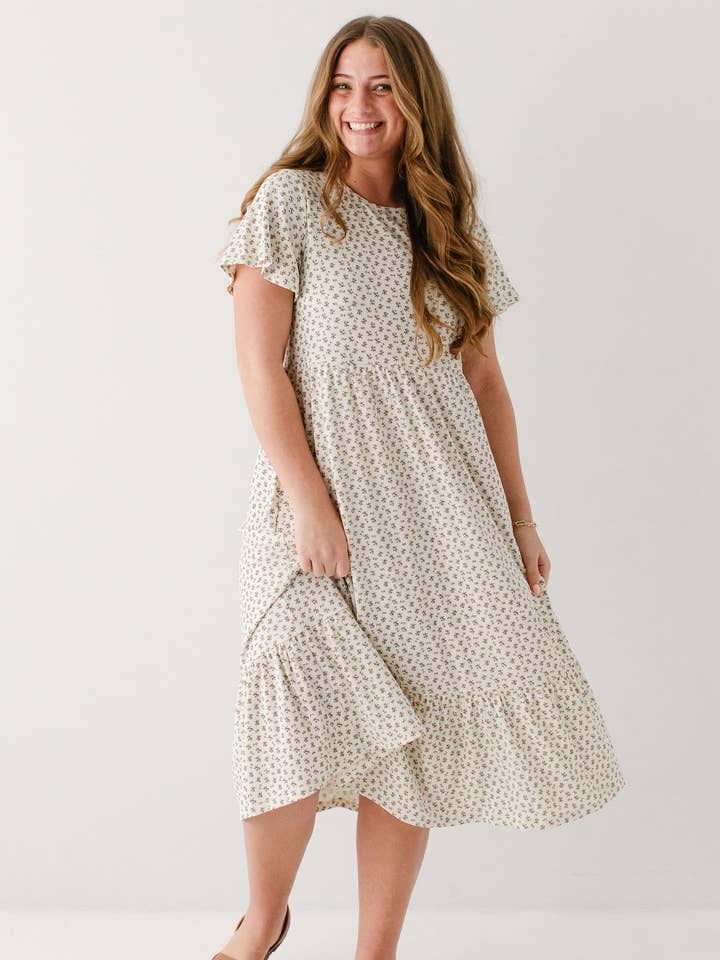 Ivory 'Shiloh' Ditsy Floral Ribbed Midi Dress for wholesale on Faire0
