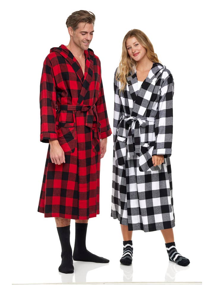 Buffalo Check, confezione da 2, colore: rosso, bianco Accappatoio lungo con cappuccio in flanella di cotone pettinato al 100%, confezione da 2 in vendita all'ingrosso su Faire2