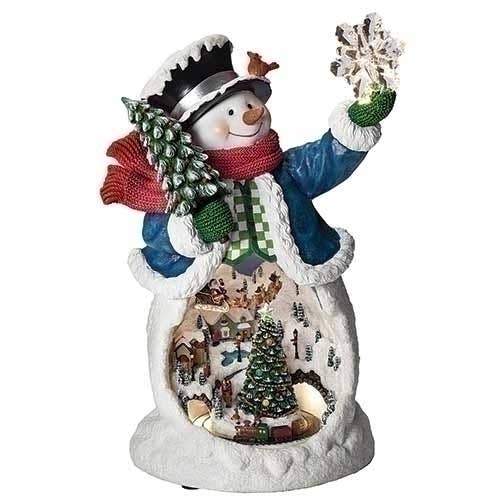 Lighted Musical Snowman Rotating Scene; Blue Coat for wholesale by Roman