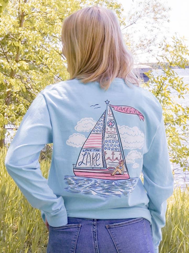 Lakegirl - Wholesale Screen Printed T-Shirt - Women's - Vintage Sailboat Caribbean Long Sleeve Tee