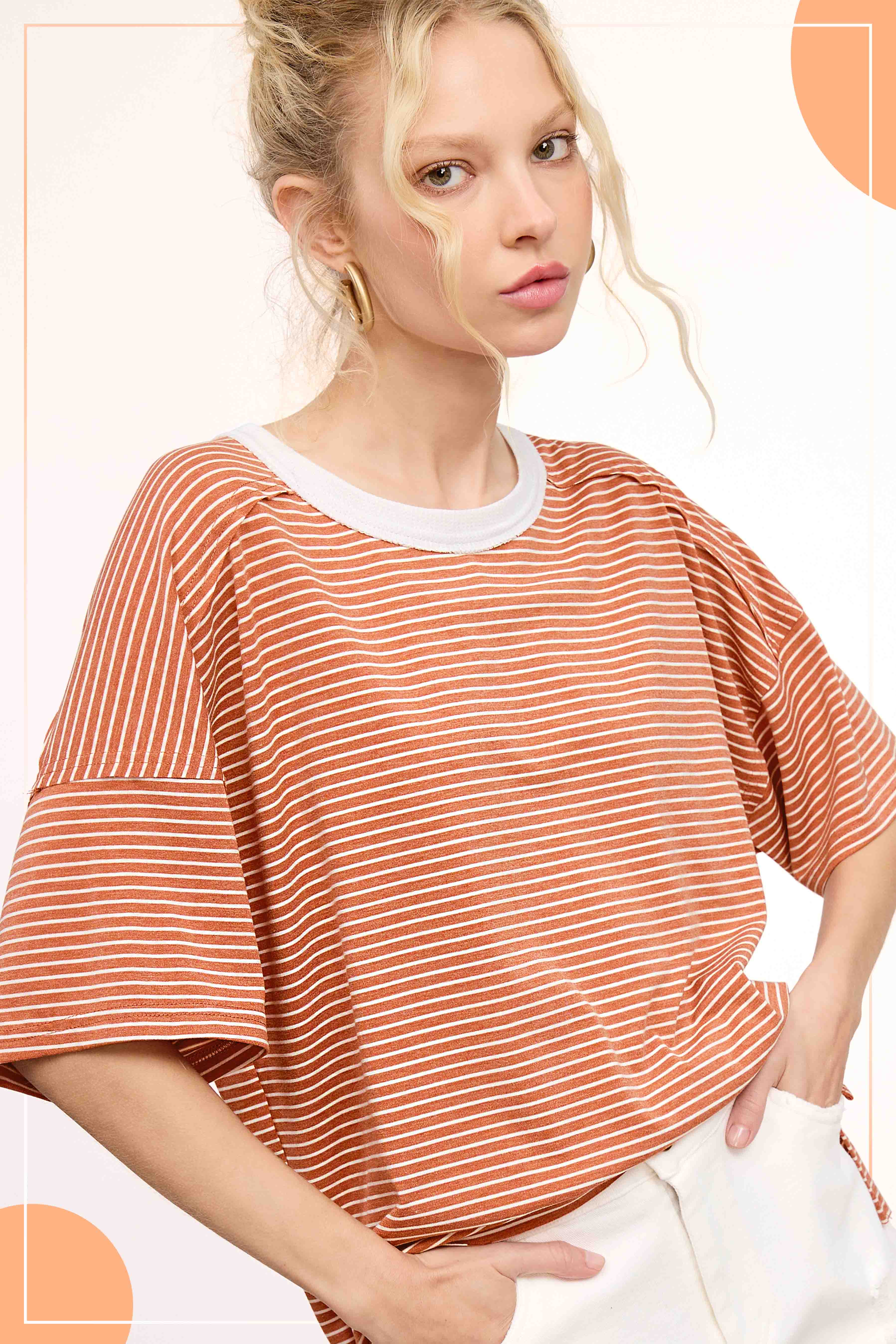 La Miel - Wholesale T-Shirt - Women's - HDT7703-Basic Striped Drop Shoulder Short Sleeves Top14