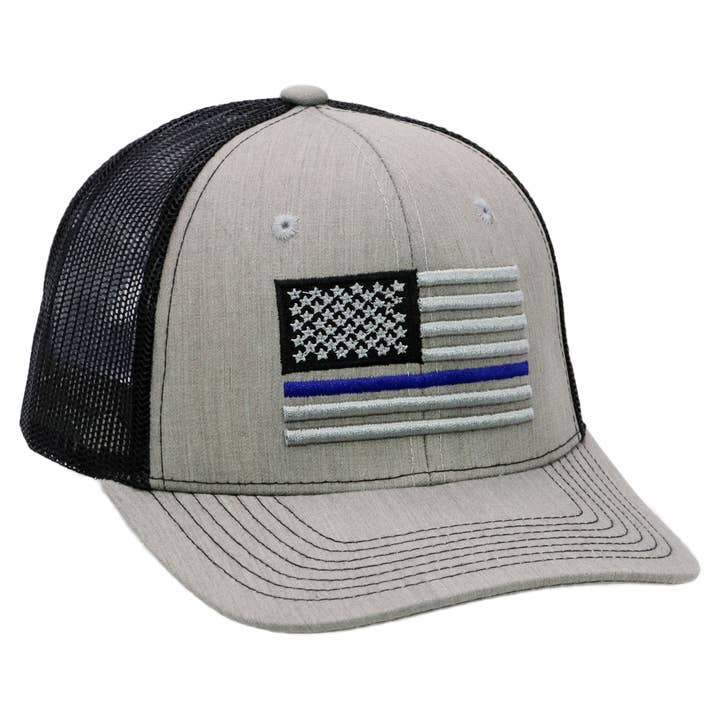 Cap Zone - Wholesale Trucker Hat - Unisex - Police Blue Line American Flag Mesh Trucker Hat