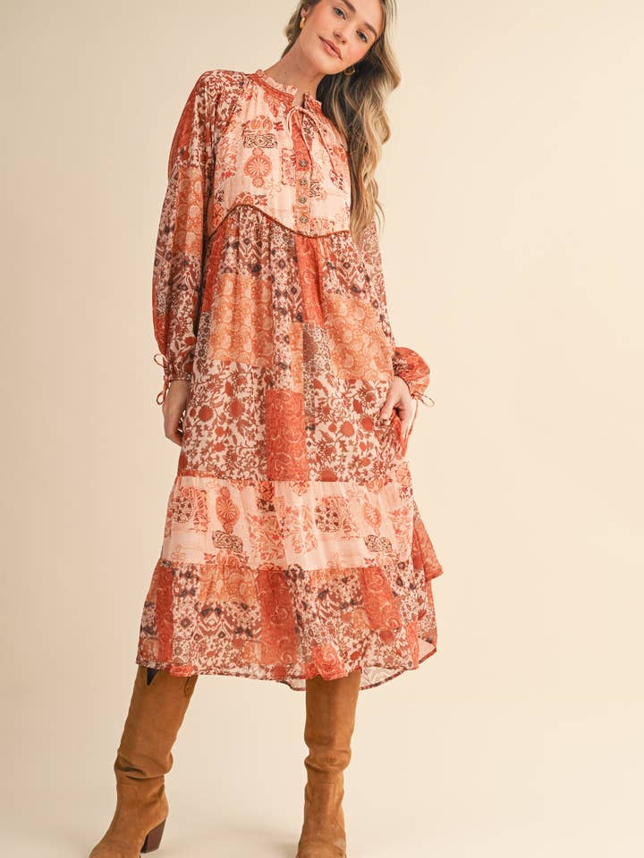 &MERCI - Wholesale Dress - Women's - PATCHWORK PRINT MIDI DRESS MDR443018