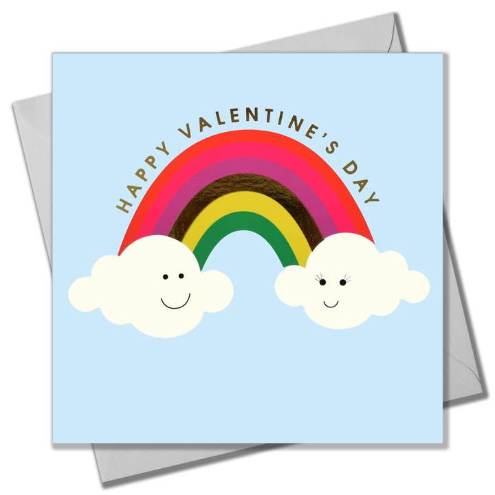 Biglietto di San Valentino, nuvole e arcobaleno, testo sventato in oro lucido per la vendita all'ingrosso da parte di Claire Giles Ltd