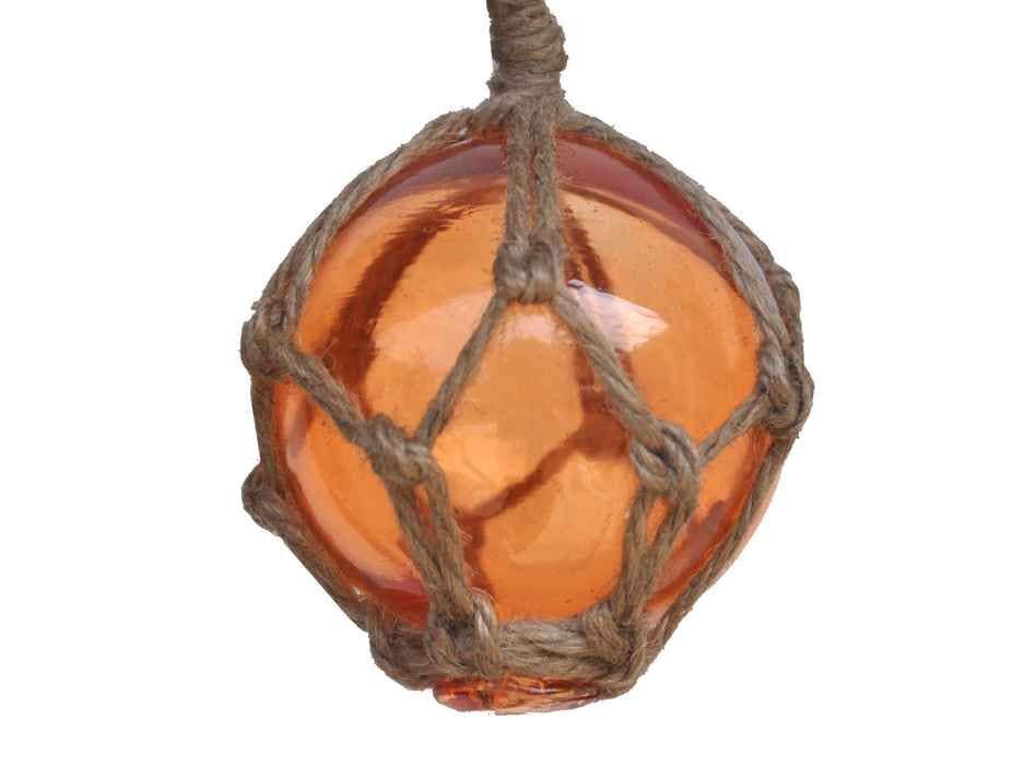 Hampton Nautical - Wholesale Decorative Tabletop Object - Orange Japanese Glass Ball Fishing Float With Brown Netting Decoration 3"2