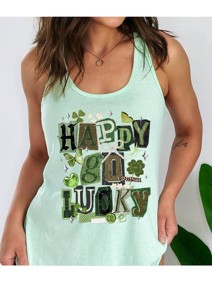 Happy Go Lucky Graphic Racerback Tank for wholesale by COLORBEAR