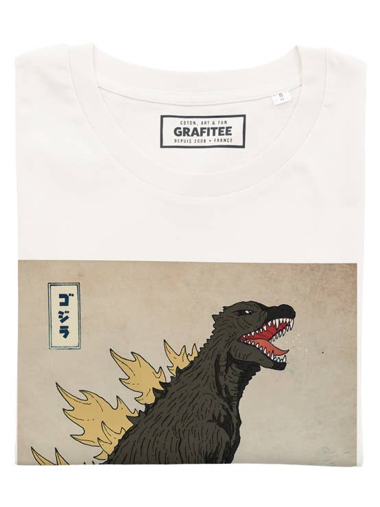 Bianco sporco T-shirt Godzilla con onda di Hokusai - T-shirt con dipinto Kaiju in vendita all'ingrosso su Faire1