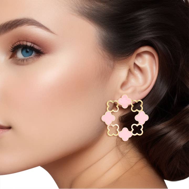 Stud Gold Clover Wreath Pink Earrings for Women for wholesale by PinktownUSA