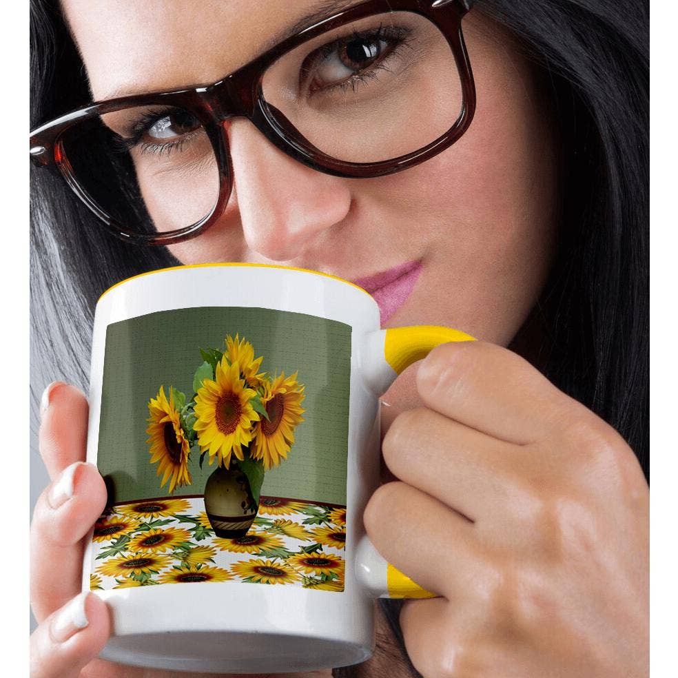 3dRose - Wholesale Coffee Mug - 3dRose, Image of Beautiful Vase of Sunflower on Sunflower Tablecloth, Mug1