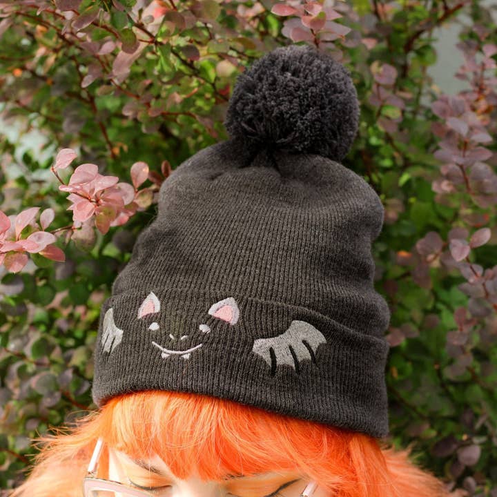Bat Embroidered Pom-pom Beanie! for wholesale by Clammy Heart