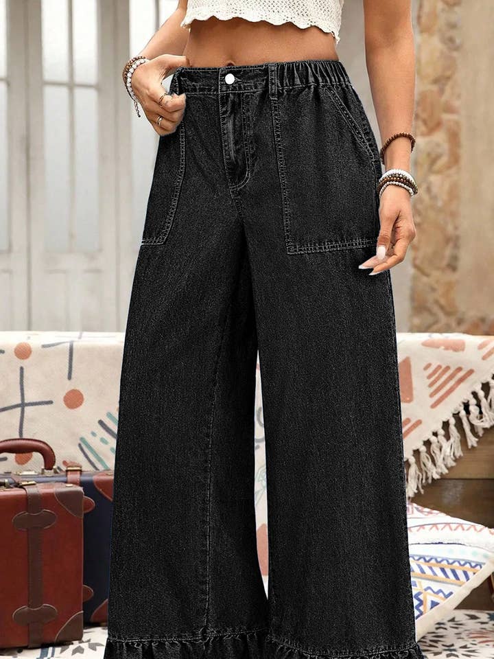 Black Plus Size Elastic Waist Ruffled Wide Leg Denim Pants for wholesale by Shoppe247