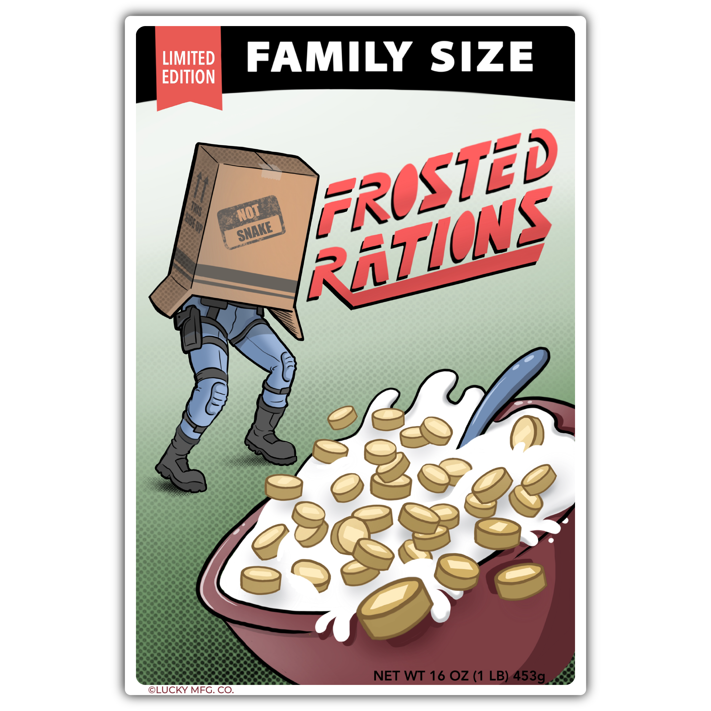 Lucky Mfg. Co. – Engroshandel Klistermærke – „Frosted Rations“ Metal Gear Solid Cereal Box Parodi-klistermærke0
