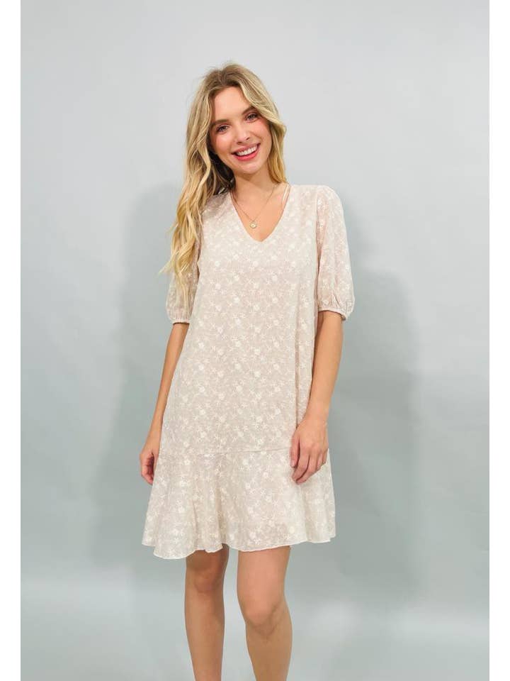 Beige Made in USA - Embroidered V Neck Short Sleeve Dress for wholesale on Faire4