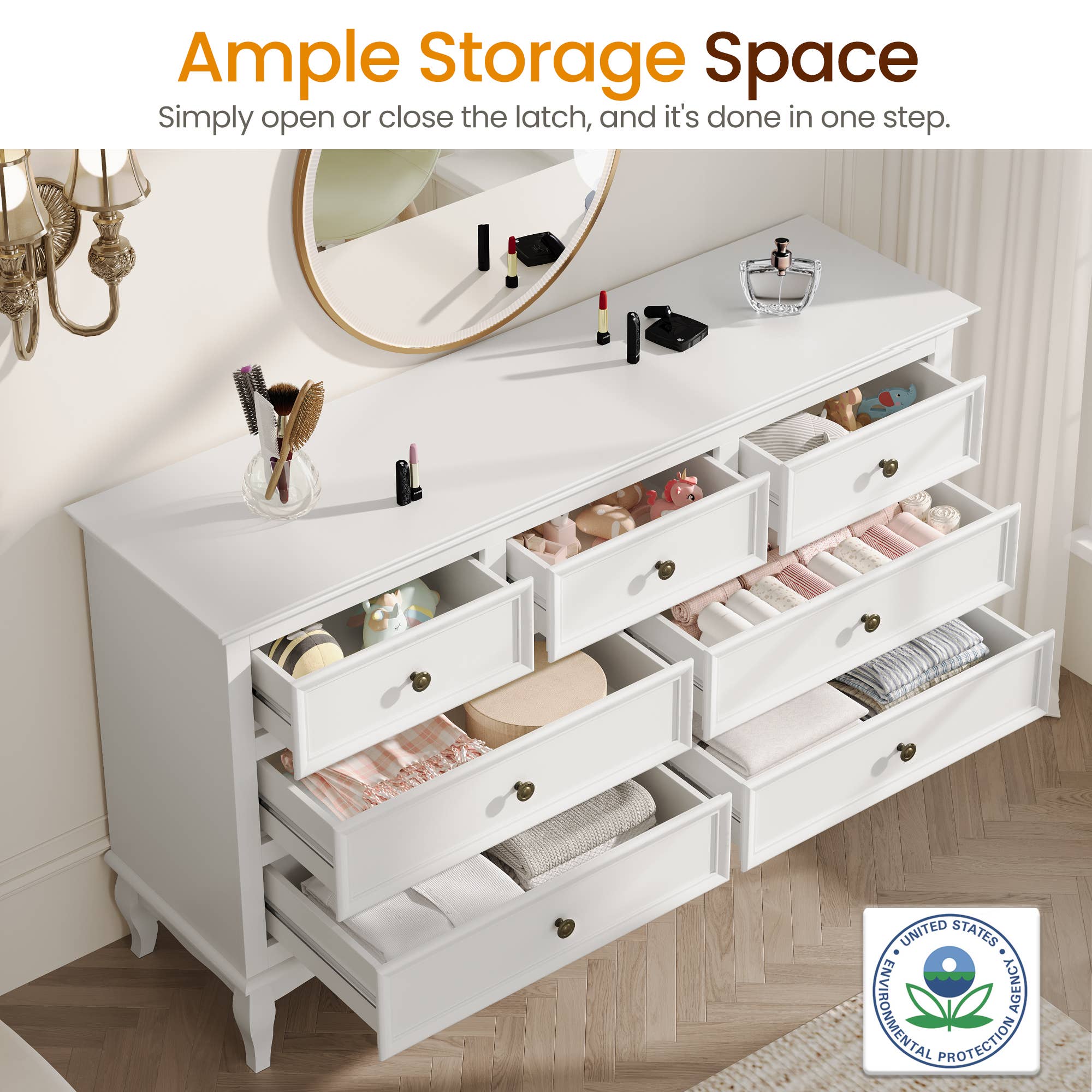 Heynemo - Wholesale Cabinet - 7 Drawers Dresser, Modern Wide Dresser with Rubberwood Legs6