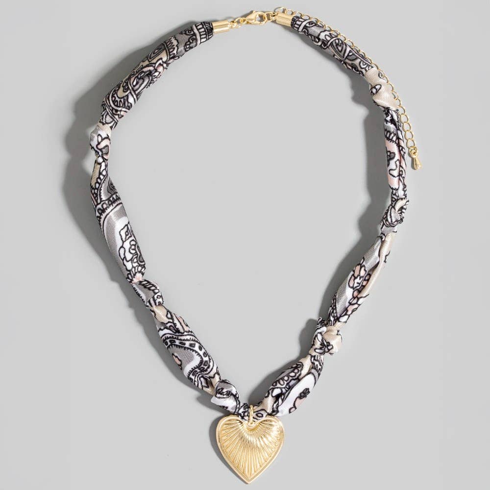 The Looks by Fame Accessories - Wholesale Pendant/Charm Necklace - Textured Heart Pendant Knotted Bandana Necklace1