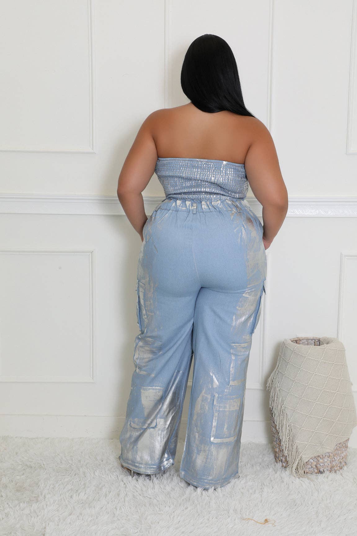 5besties inc – wholesale Jumpsuit – Women's – FOIL PRINT DENIM STRAPLESS JUMPSUITS11