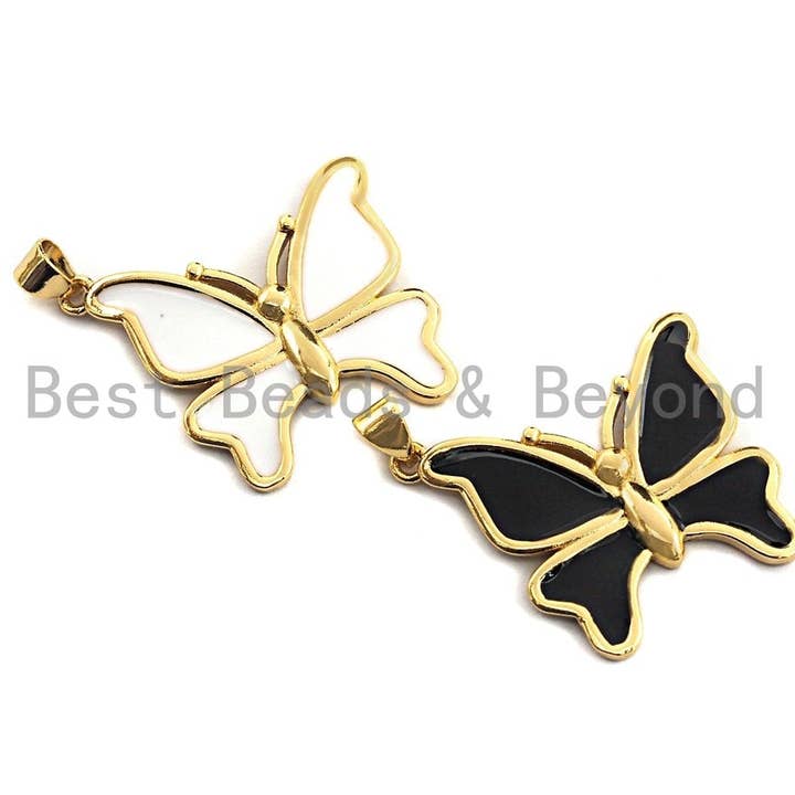 Enamel Bufferfly Pendants Charms, Metal Gold Enamel Butterfly Pendant, Black White Enamel Bufferly, 25x28mm,sku#Z405 for wholesale by BestBeads&Beyond