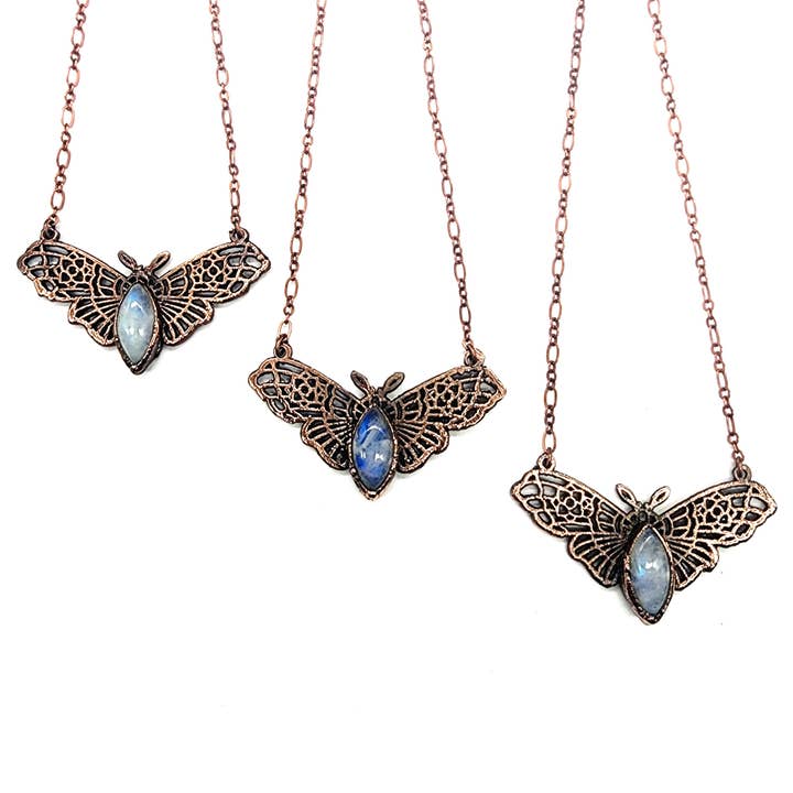 Black Witch Moth Necklace - Rainbow Moonstone for wholesale by MergingMetals
