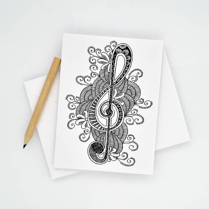 The Music Gifts Company - Wholesale Stationery/Notecard Set - Coloring Treble Clef Notecards with Pencil