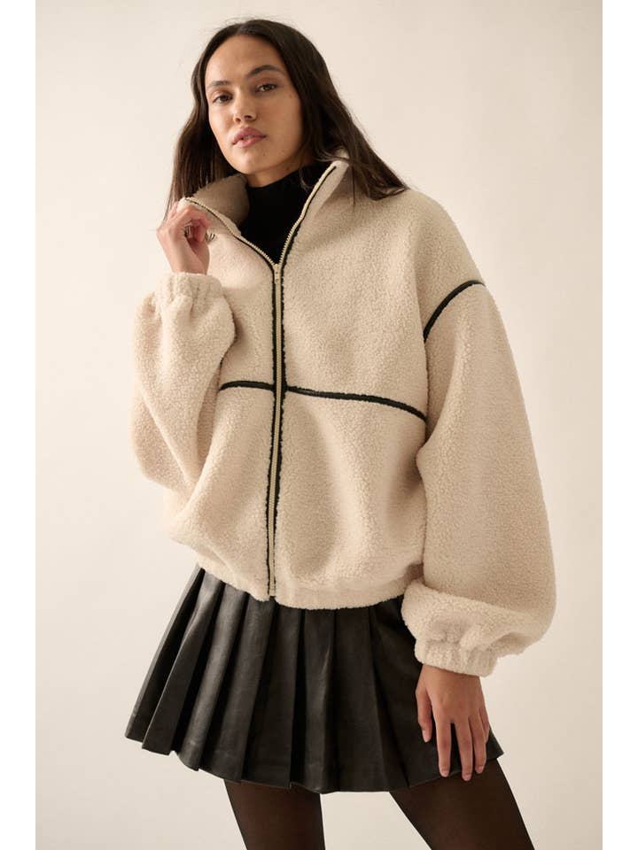 Promesa USA - Wholesale Fleece - Women's - Faux Leather-Trimmed Sherpa Fleece Zip-Up Jacket