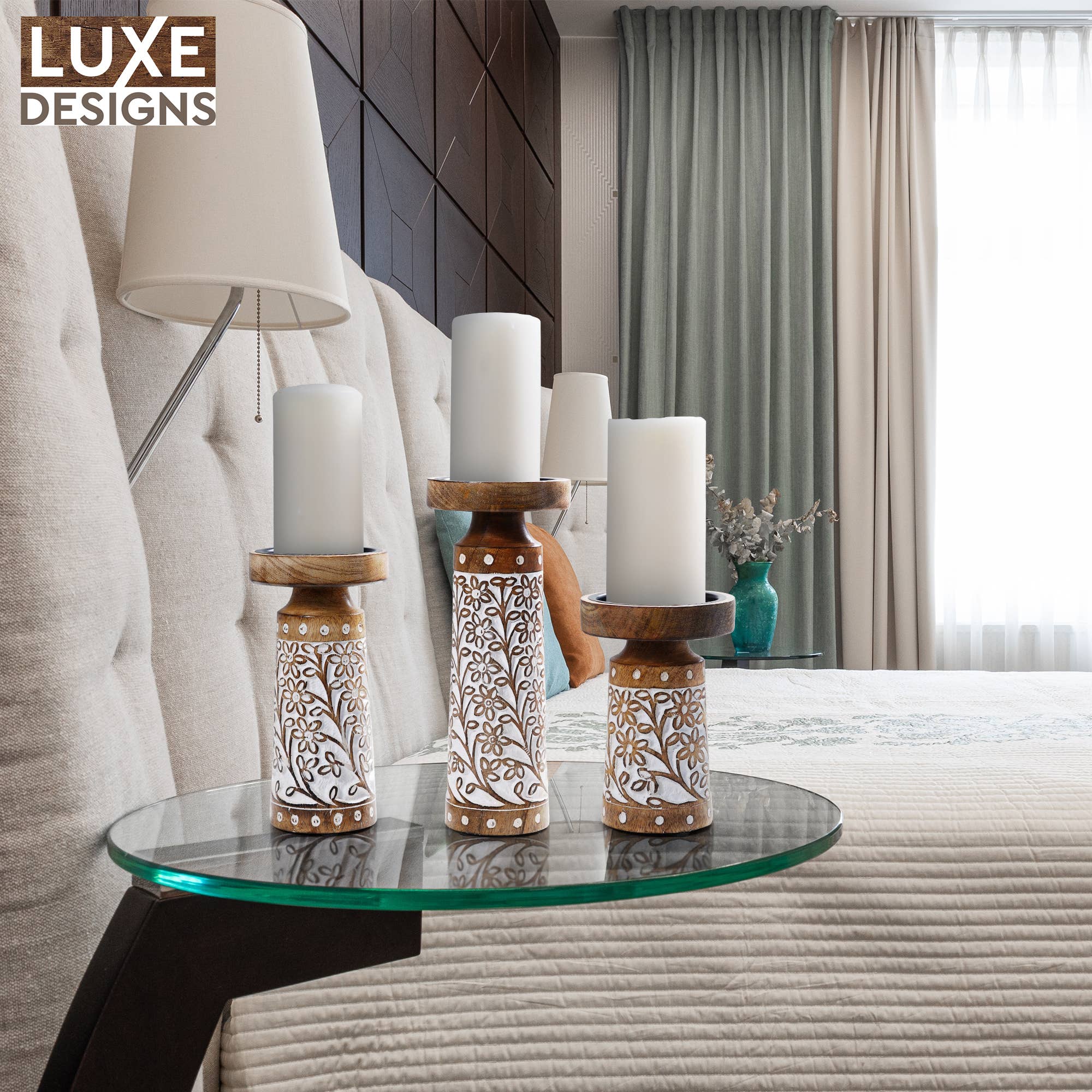 LuxeDesigns Co LLC - Wholesale Candle Holder - Artisan Hand Carved Crafted Thick Wood Candle Holders 3 Pcs6