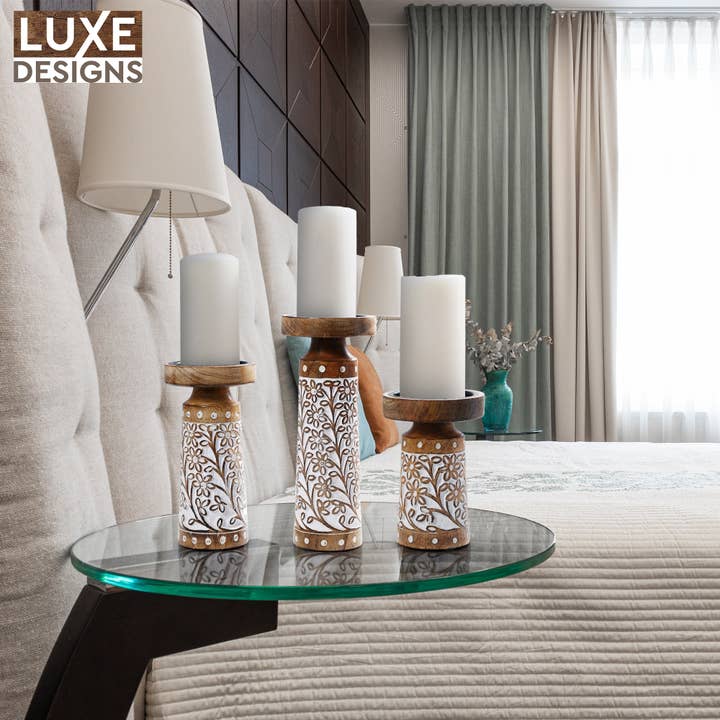 LuxeDesigns Co LLC - Wholesale Candle Holder - Artisan Hand Carved Crafted Thick Wood Candle Holders 3 Pcs6