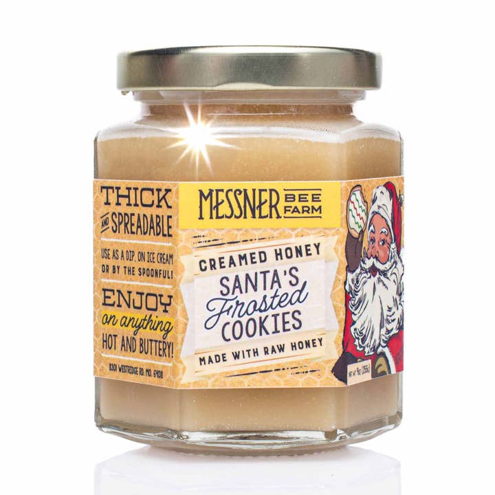 Santa's Frosted Cookies Creamed Honey / 9oz / Kansas City for wholesale by Messner Bee Farm