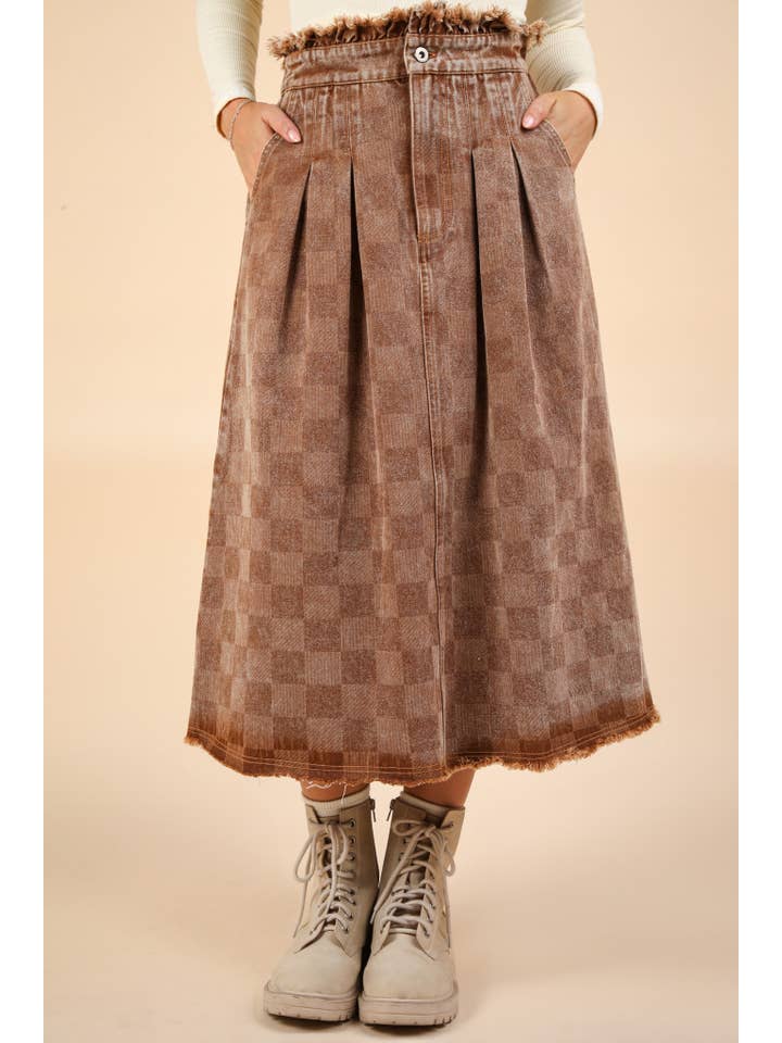 VERY J - Wholesale Skirt - Women's - VS50944-Washed Checkered Denim Midi Skirt